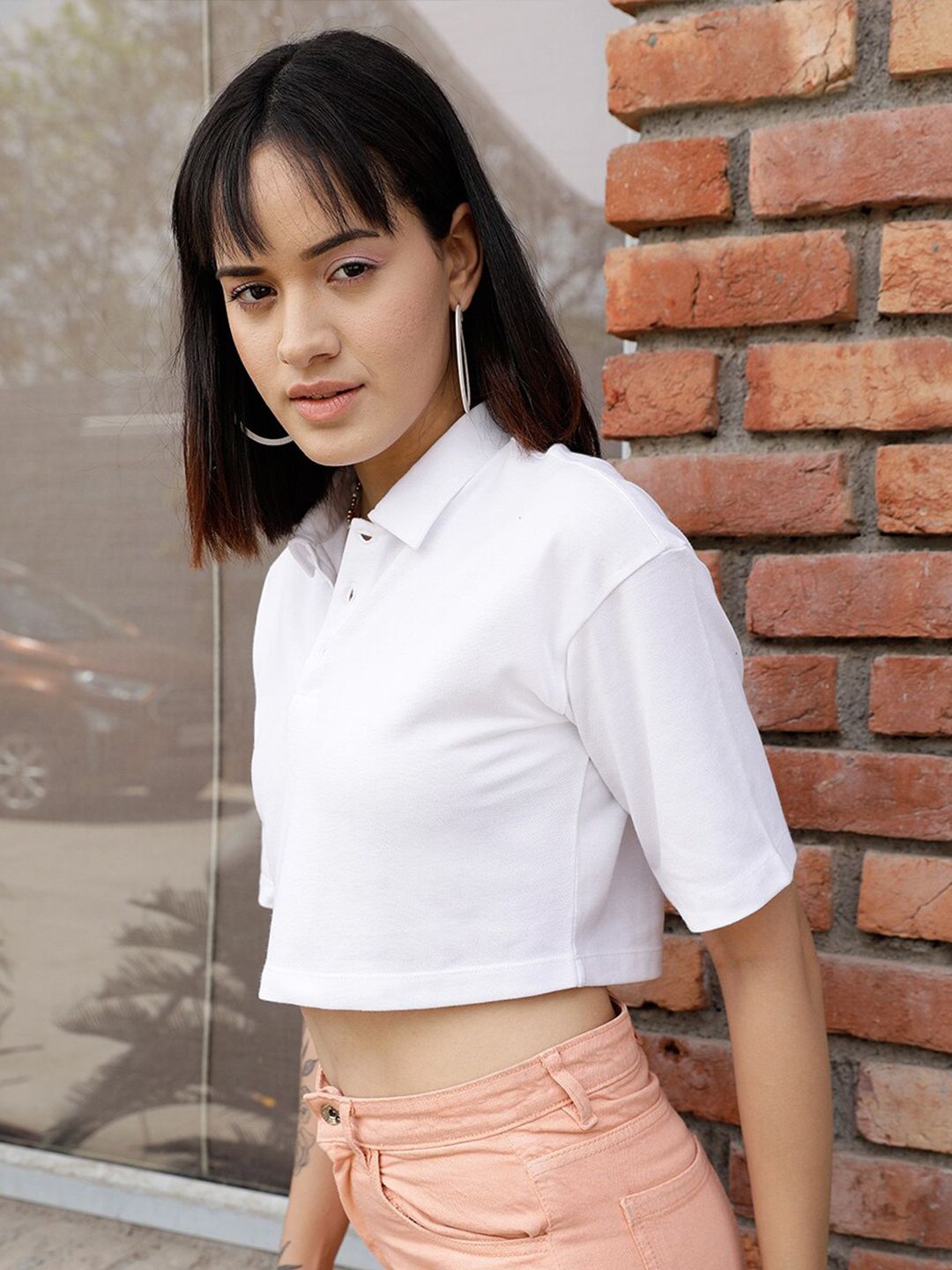STREET 9 BASICS White Polo Collar Drop Shoulder Sleeves Crop Pure Cotton Oversized T-shirt