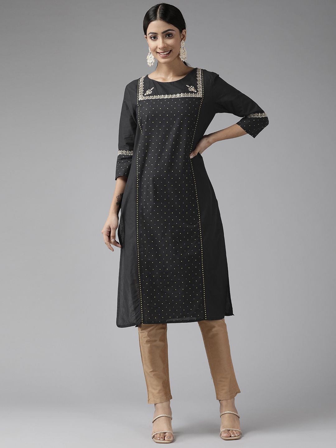 W Women Black Ethnic Motifs Yoke Design Thread Work Kurta