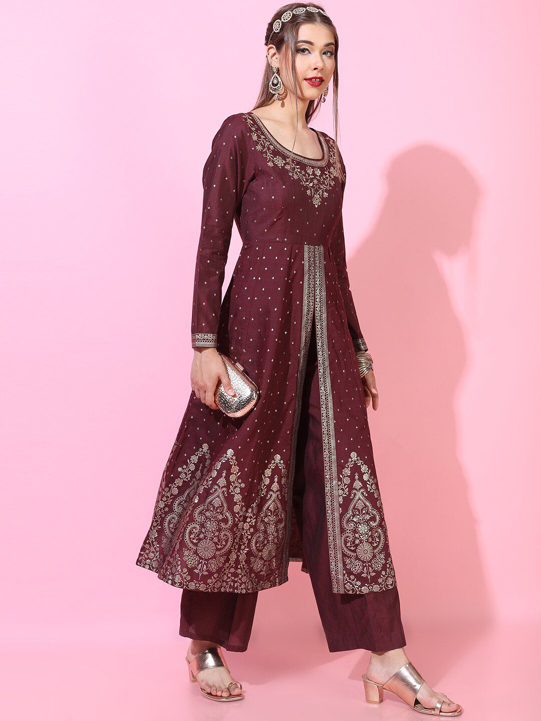 Vishudh Women Maroon Floral Embroidered Kurta with Palazzos
