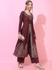 Vishudh Women Maroon Floral Embroidered Kurta with Palazzos