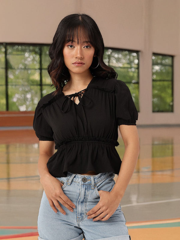 DressBerry Tie-Up Seersucker Ruched Peplum Crop Top
