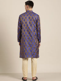 SOJANYA Lelaki Biru & Coklat Motif Etnik Jacquard Kurta