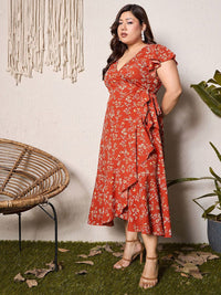 Berrylush Curve Women Floral Print Flutter Sleeve Fit & Flare Midi Dress