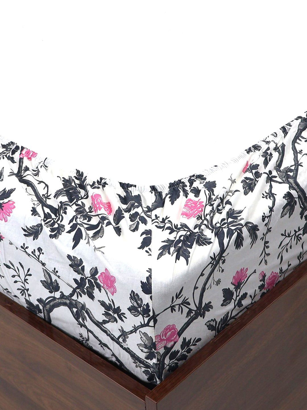 BOMBAY DYEING Allure Grey Floral Cotton 144 TC Fitted Bedsheet Set-1.52 mX1.98 mX30 cm