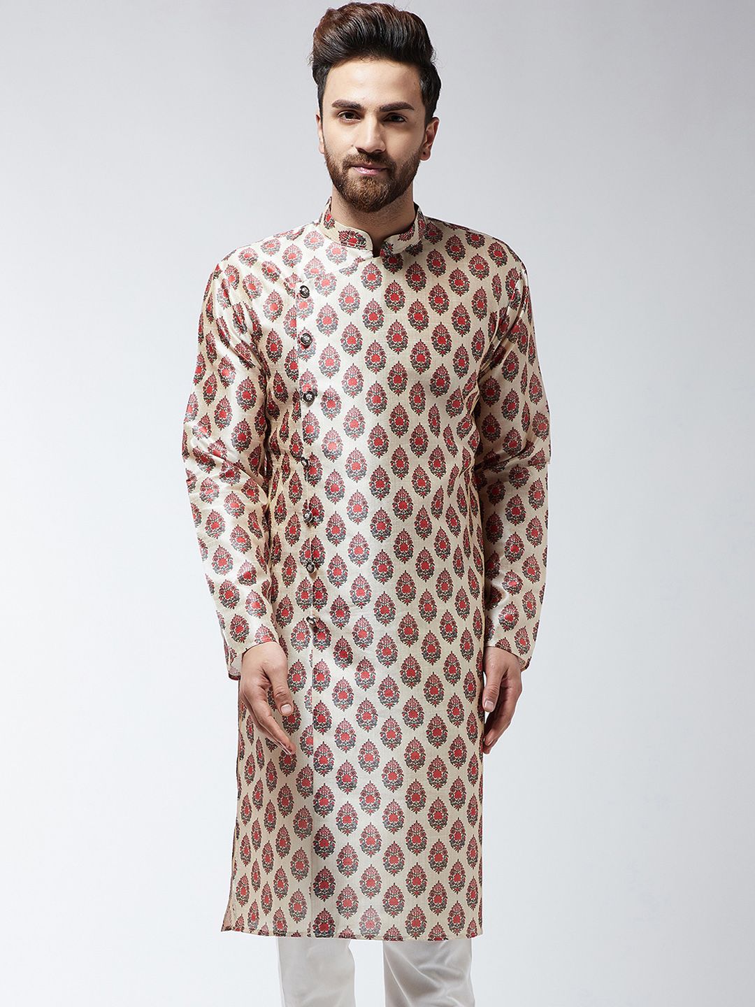 SOJANYA Men Red & Beige Printed Straight Kurta