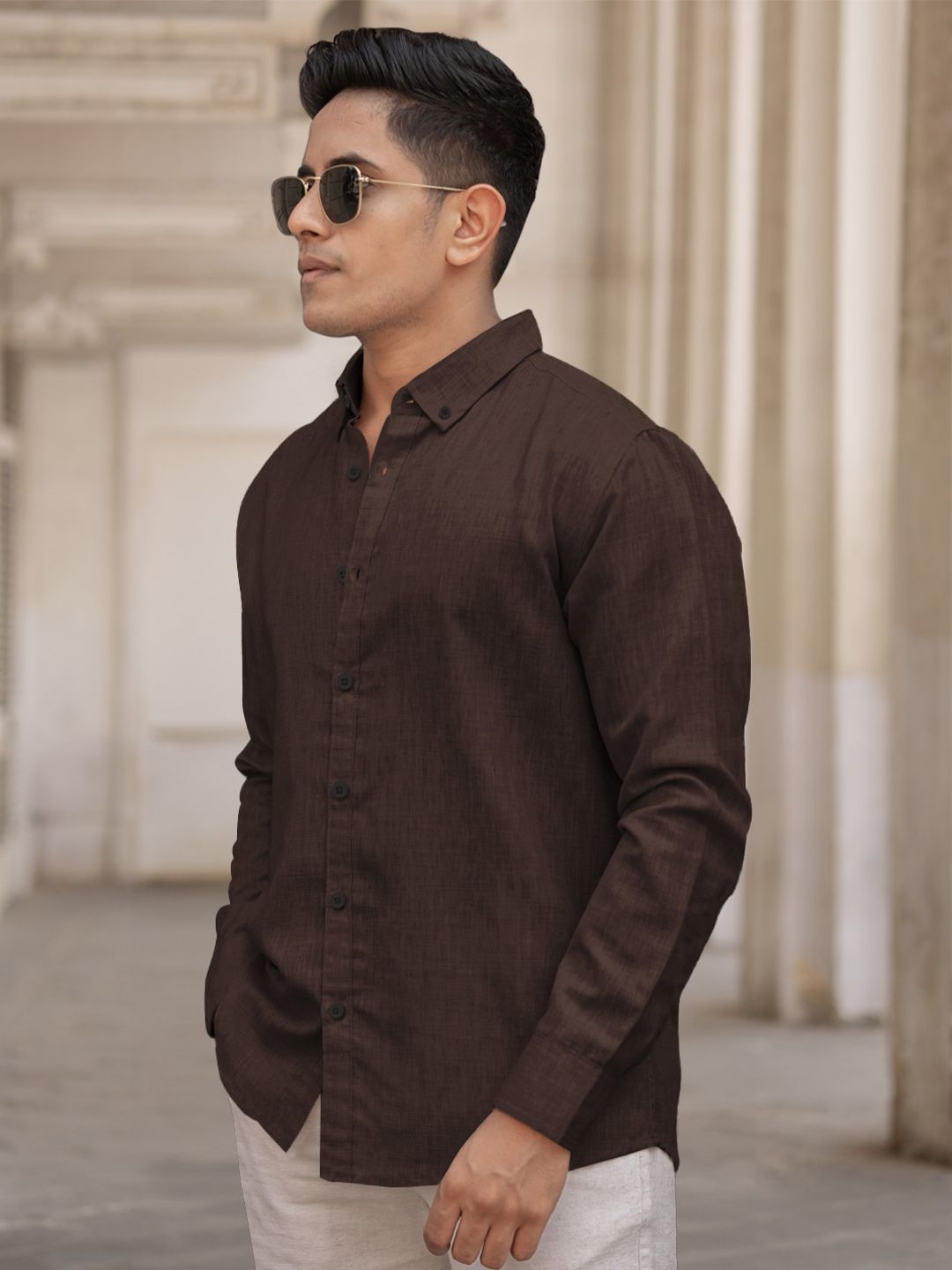 Powerlook Men Button-Down Collar Solid Cotton Casual Shirt