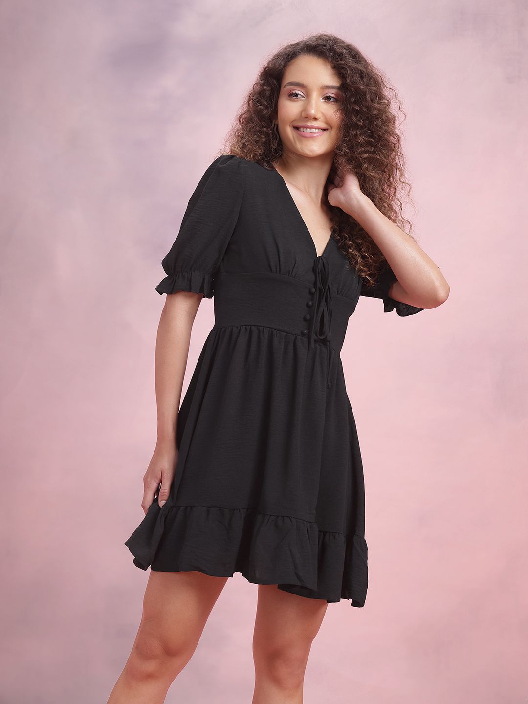 DressBerry Puff Sleeves A-Line Dress with Ruffled Detail