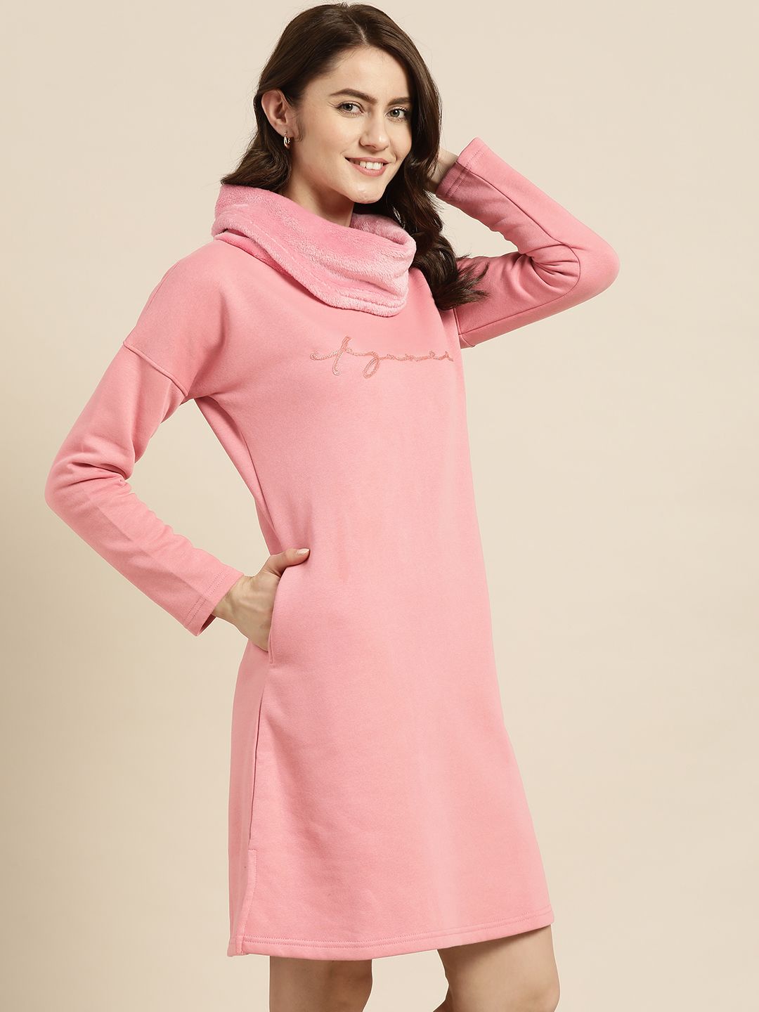Sweet Dreams Pink Embroidered Turtle Neck Fleece Nightdress