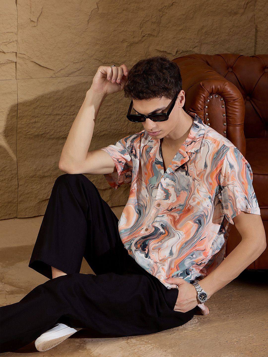 DENNISON Abstract Printed Cuban Collar Smart Oversized Casual Shirt