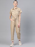 SASSAFRAS Women Beige Solid Twill Tapered Basic Jumpsuit