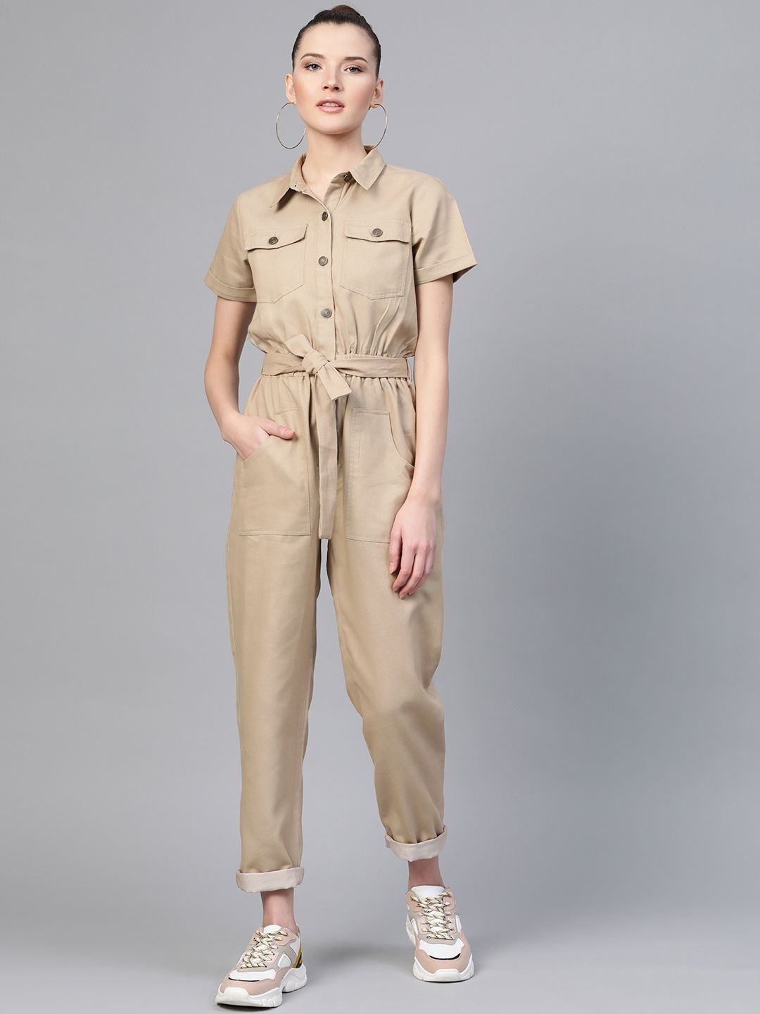 SASSAFRAS Women Beige Solid Twill Tapered Basic Jumpsuit