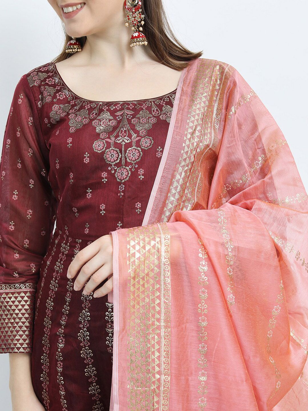 Vishudh Maroon Ethnic Motifs Ethnic Maxi Dress with Dupatta