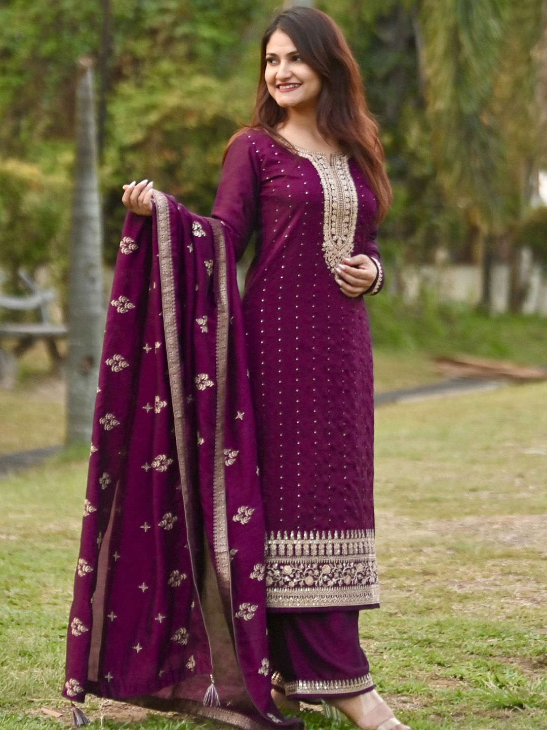 Libas Women Purple Floral Embroidered Sequinned Kurta  with Palazzos & Dupatta