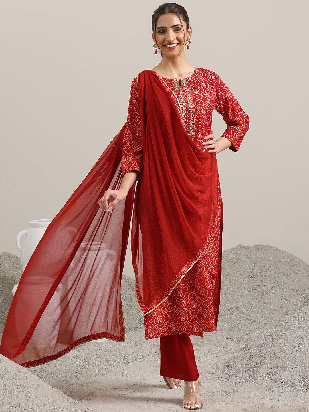 Libas Bandhani Printed Regular Gotta Patti Straight Kurta with Trousers & Dupatta