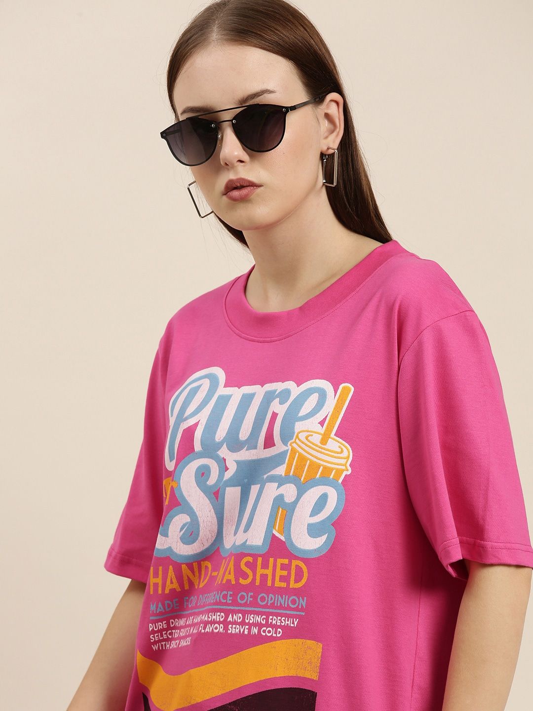 Difference of Opinion Women Pink Printed Pure Cotton Loose Pure Cotton T-shirt