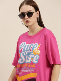 Difference of Opinion Women Pink Printed Pure Cotton Loose Pure Cotton T-shirt