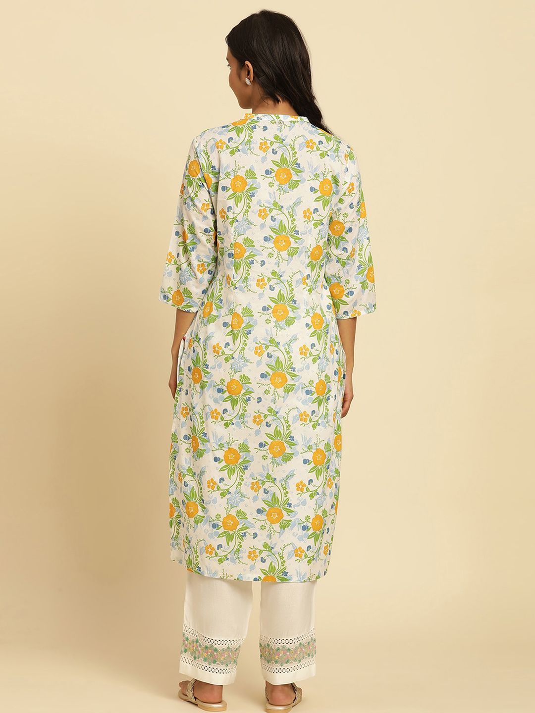 W Floral Printed Mandarin Collar Straight Kurta