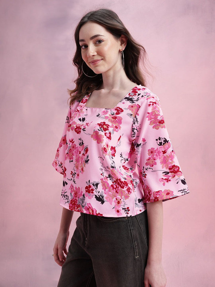 DressBerry Floral Print Square Neck Flared Sleeves Top