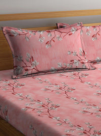 KLOTTHE Pink Floral Pure Cotton 400 TC Fitted King Superfine Bedsheet dengan 2 Sarung Bantal-98 x 89 inci