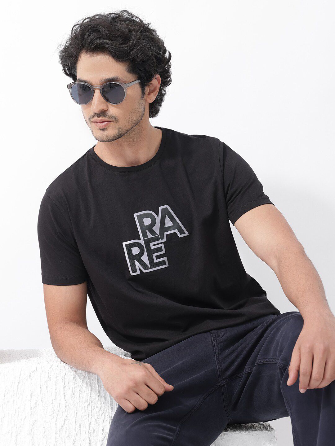 RARE RABBIT Men Oran Regular Fit Typography Printed Cotton T-Shirt