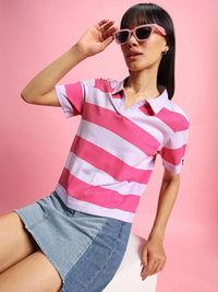 Bewakoof Women Striped Polo Collar  Oversized T-shirt