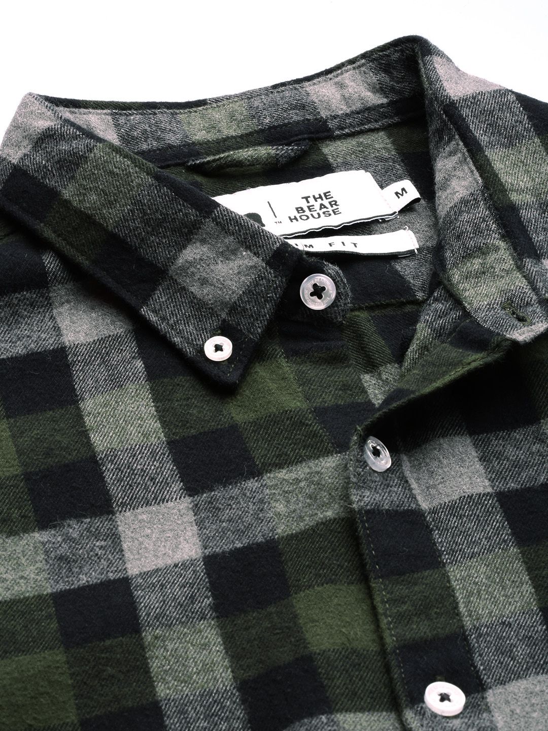 THE BEAR HOUSE Men Olive Green & Grey Slim Fit Checked Flannel Casual Shirt