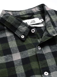 THE BEAR HOUSE Men Olive Green & Grey Slim Fit Checked Flannel Casual Shirt