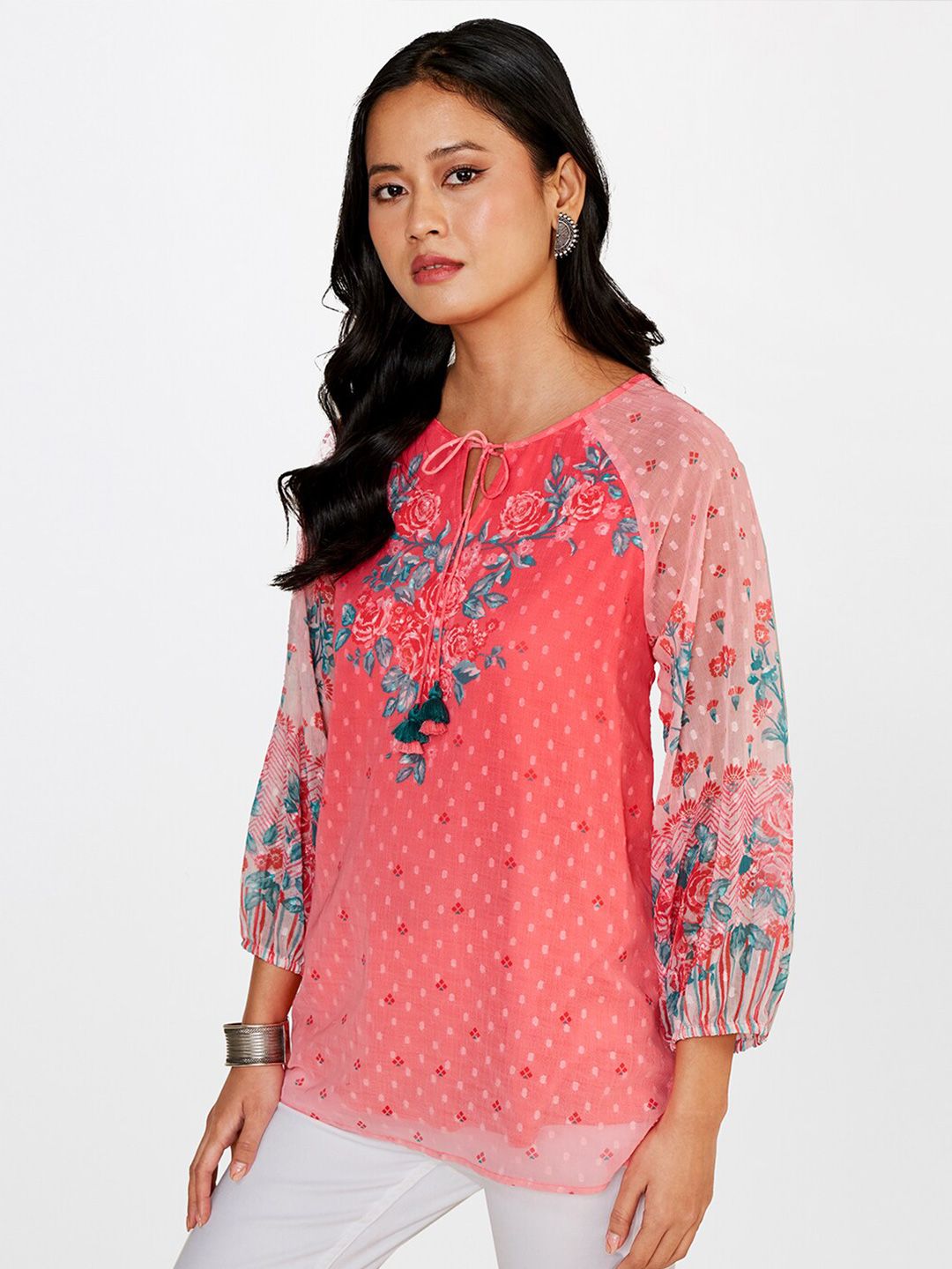 Global Desi Floral Printed Tie-Up Neck Top