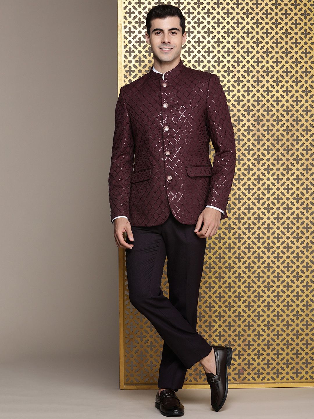 House of Pataudi Jashn Mandarin Collar Textured Sequinned Bandhgala Blazer