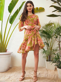 SASSAFRAS Green Floral Printed Puff Sleeve Ruched Georgette Sheath Dress