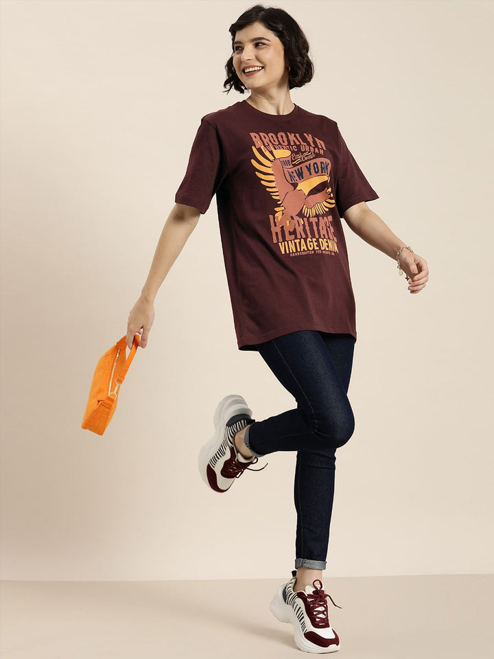 DILLINGER Women Maroon & Peach-Coloured Typography Pure Cotton Oversized T-shirt
