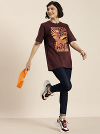 DILLINGER Women Maroon & Peach-Coloured Typography Pure Cotton Oversized T-shirt