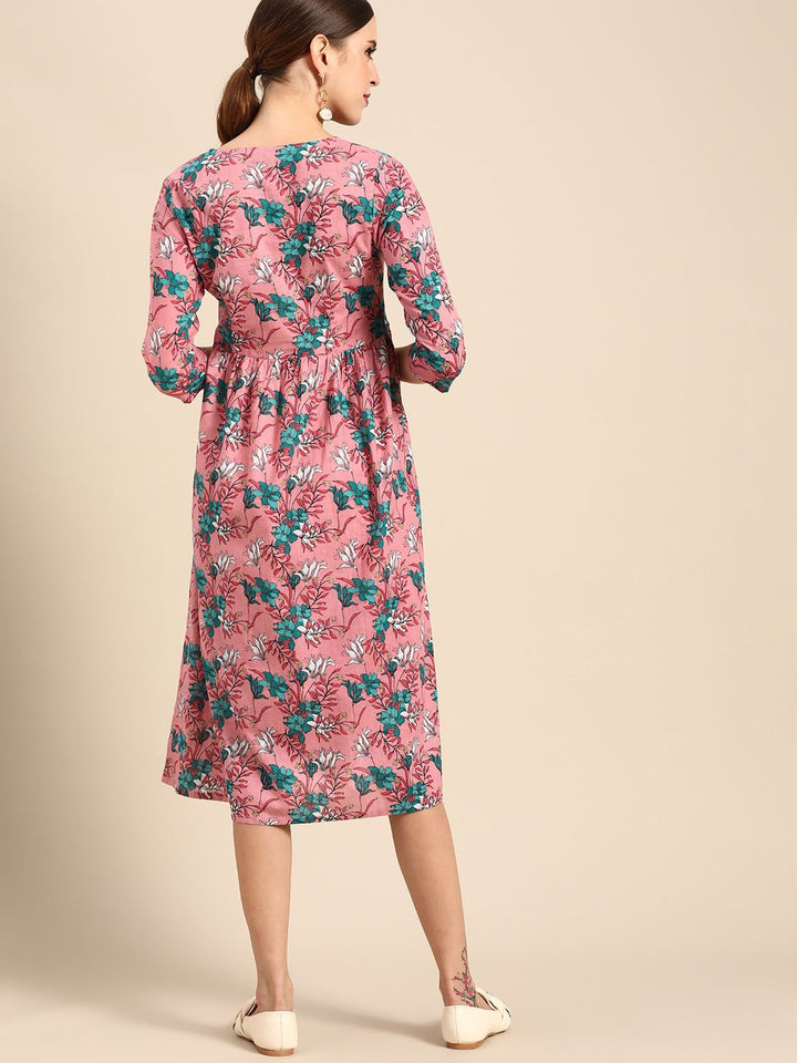 Anouk Women Pink & Blue Ethnic Motifs Print Pure Cotton A-Line Midi Dress