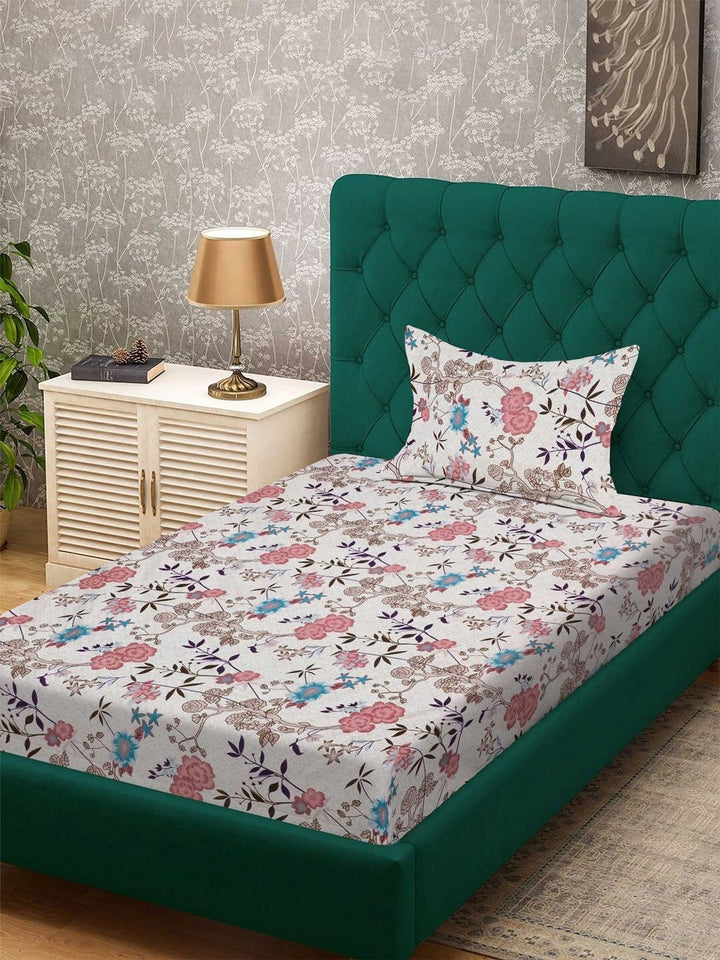 Myntra Elegant Homes White & Pink Floral 300 TC Cadar Tempat Tidur Single dengan 1 Sarung Bantal
