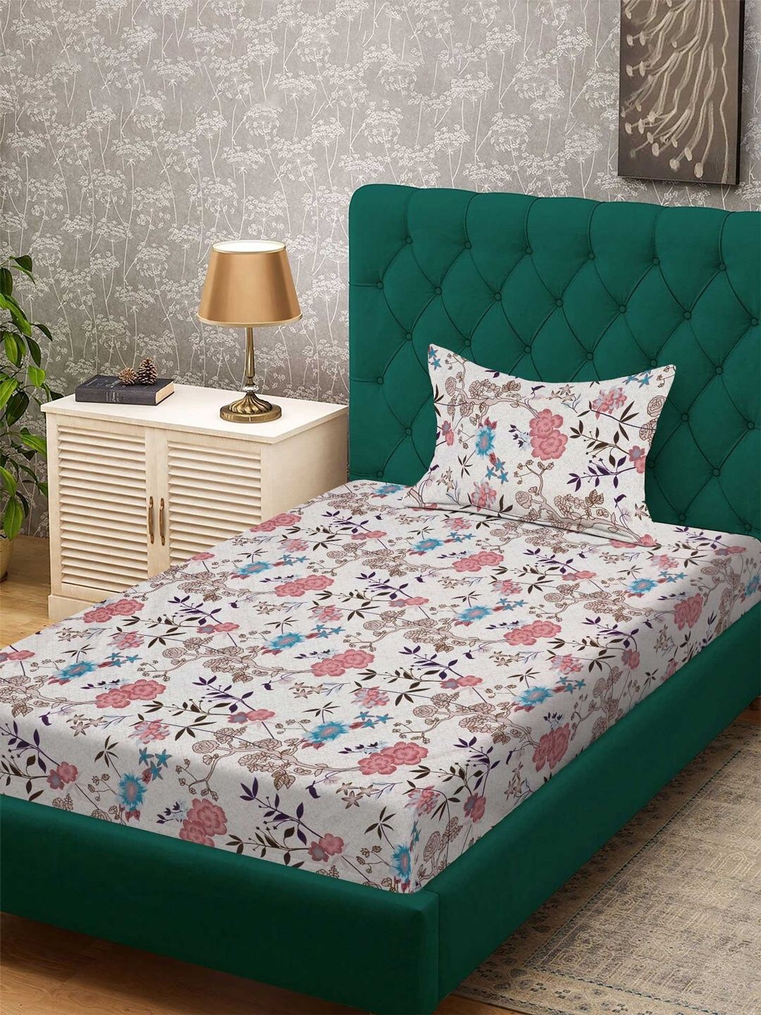 Myntra Elegant Homes White & Pink Floral 300 TC Cadar Tempat Tidur Single dengan 1 Sarung Bantal