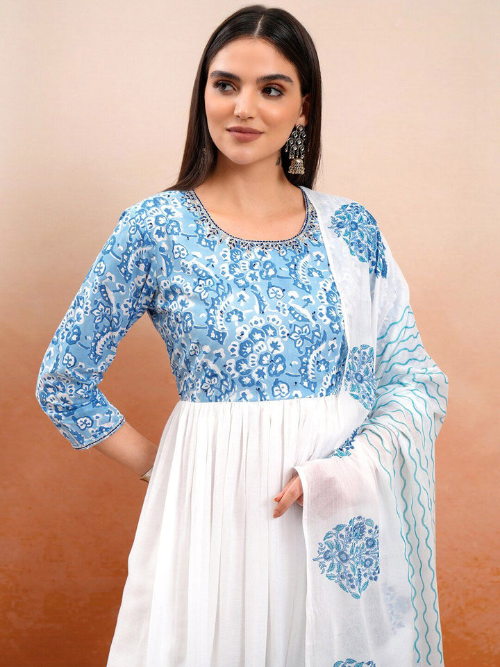 Vishudh White Printed Thread Work Pure Cotton Anarkali Kurta With Trousers & Dupatta