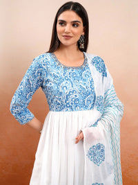 Vishudh White Printed Thread Work Pure Cotton Anarkali Kurta With Trousers & Dupatta