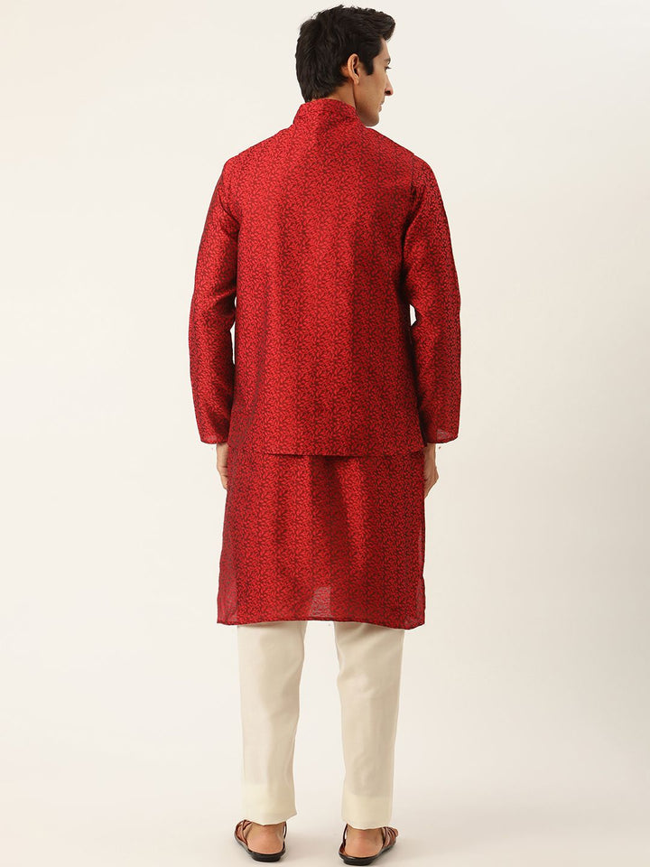 SOJANYA Lelaki Maroon & Off-White Jacquard Kurta dengan Pajama & Jaket Nehru