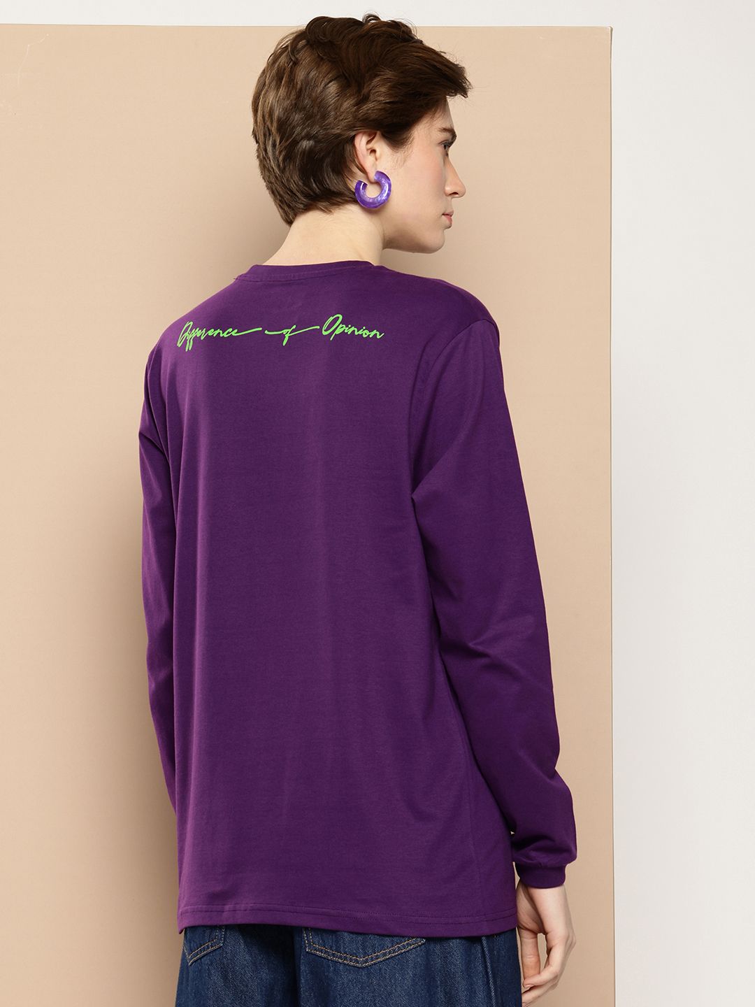 Difference of Opinion Oversized Fit Long Sleeve Typography Printed Pure Cotton T-shirt