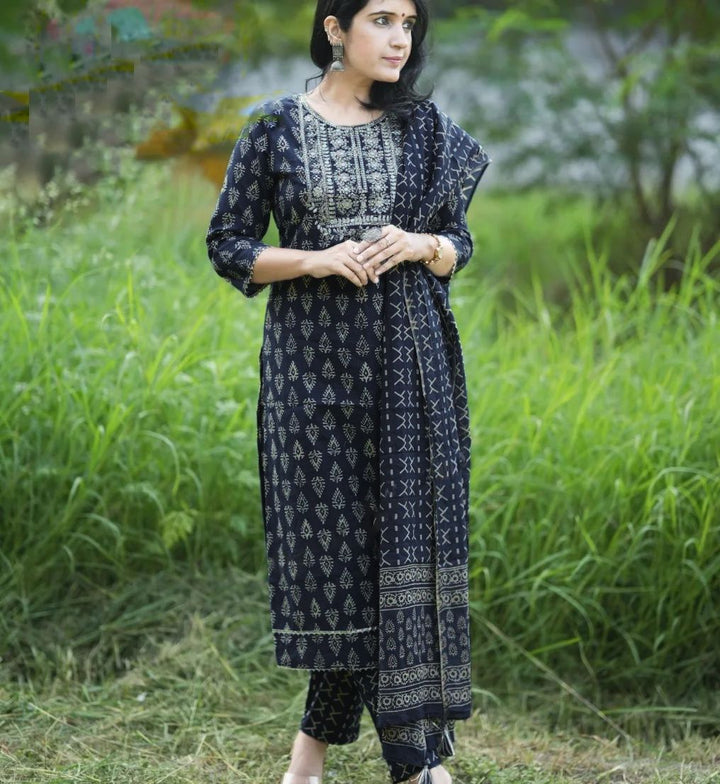 KALINI Women Ethnic Motifs Printed Regular Thread Work Kurta with Trousers & With Dupatta