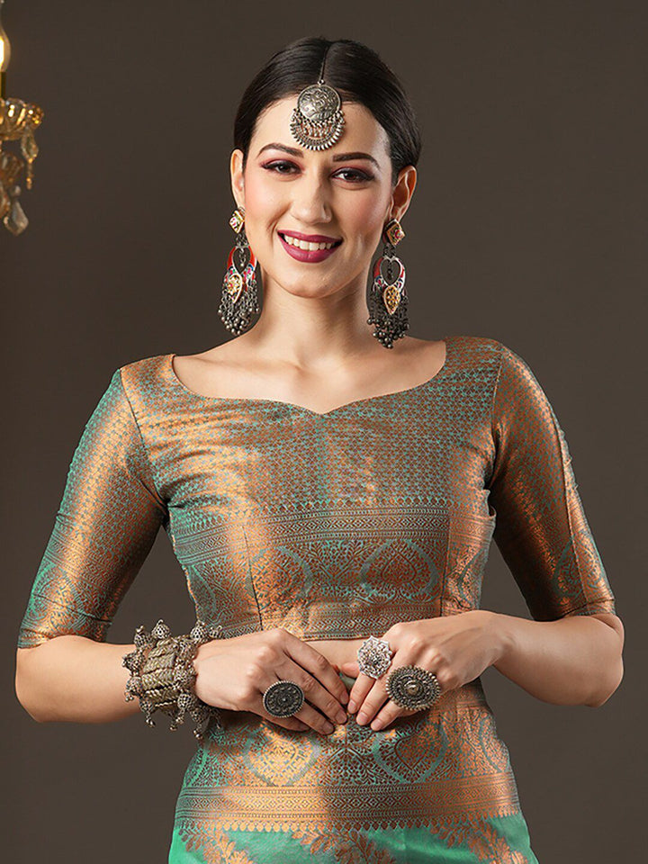 Saree mall Teal & Gold-Toned Woven Design Zari Silk Blend Banarasi Sarees