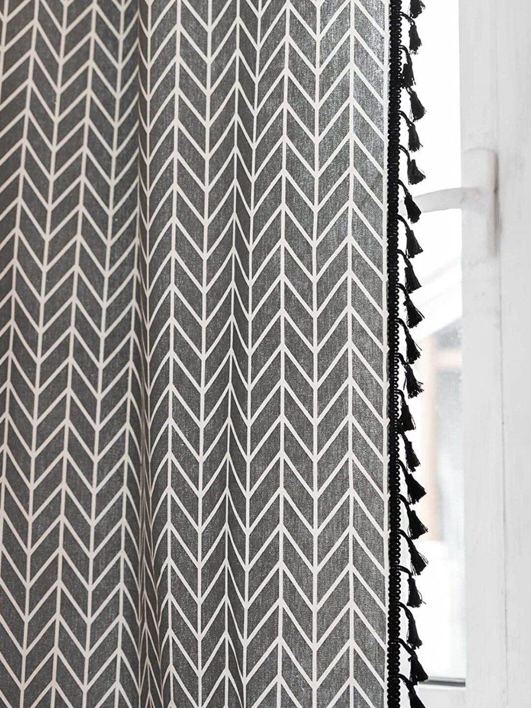 URBAN SPACE Boho Grey & White Geometric Printed Cotton Long Door Curtain