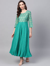 SOJANYA Wanita Turquoise Blue & Golden Foil Print Kurta A-Line