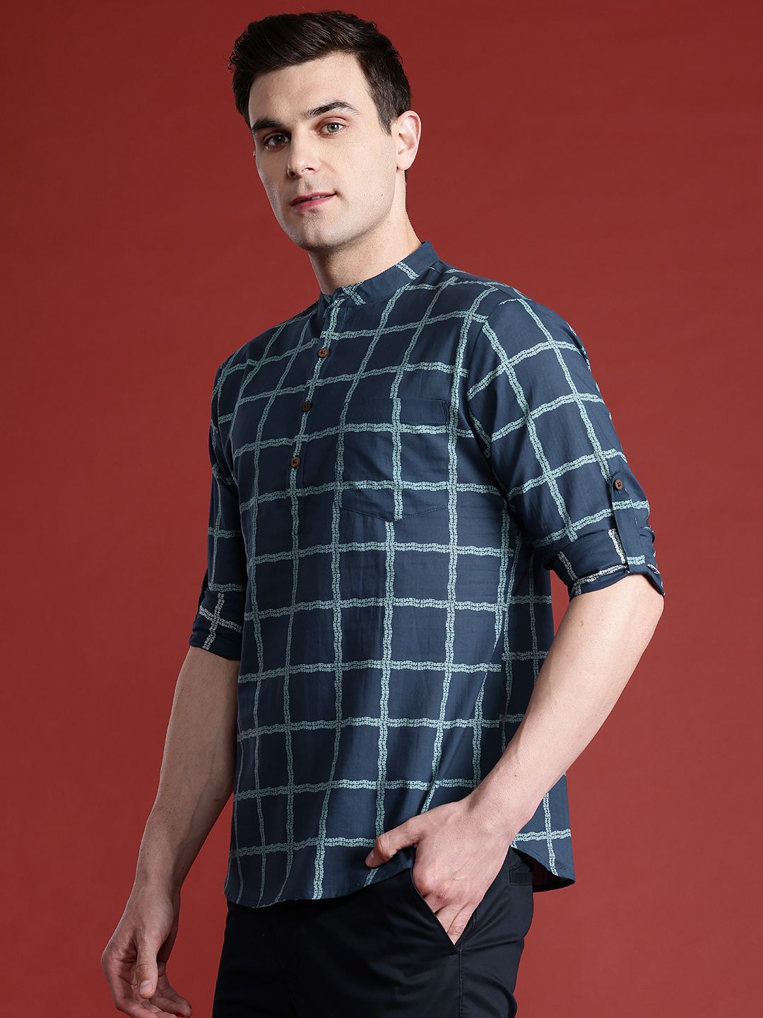 Anouk Men Checks Printed Band Collar Pure Cotton Kurta