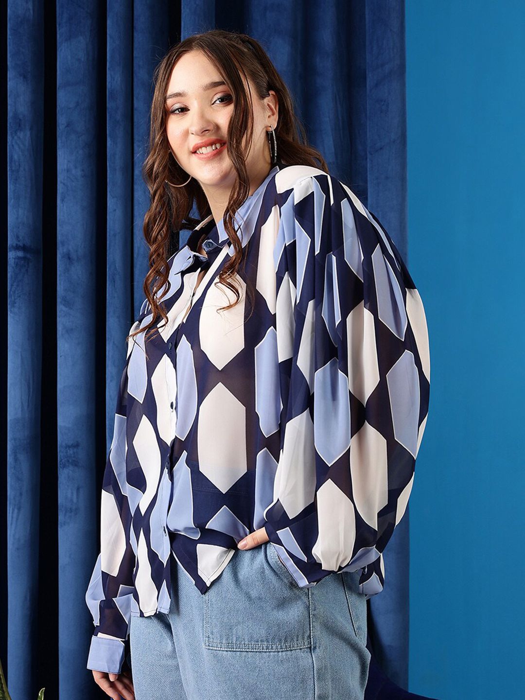 CURVY STREET Plus Size Blue Comfort Geometric Printed Oversized Casual Shirt