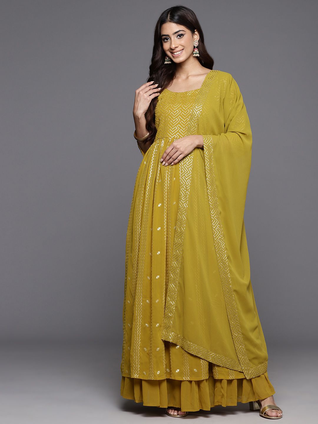 Libas Women Embroidered Pleated Sequinned Kurta with Palazzos & With Dupatta