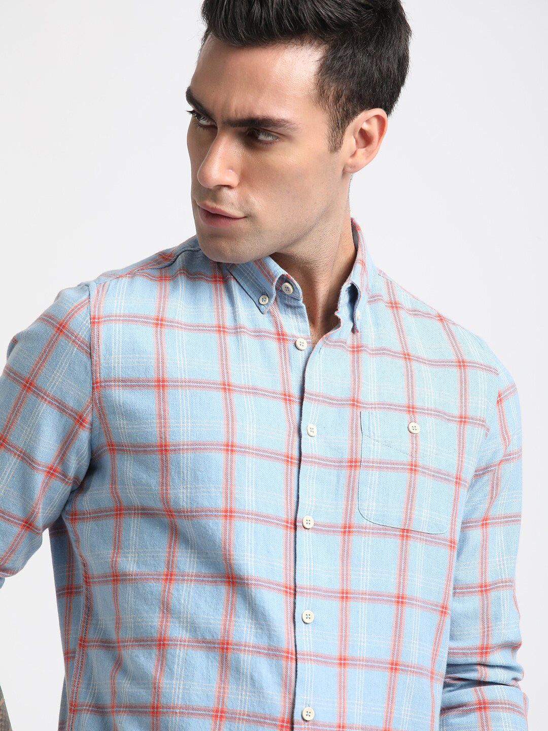 THE BEAR HOUSE Slim Fit Windowpane Checks Twill Pure Cotton Casual Shirt