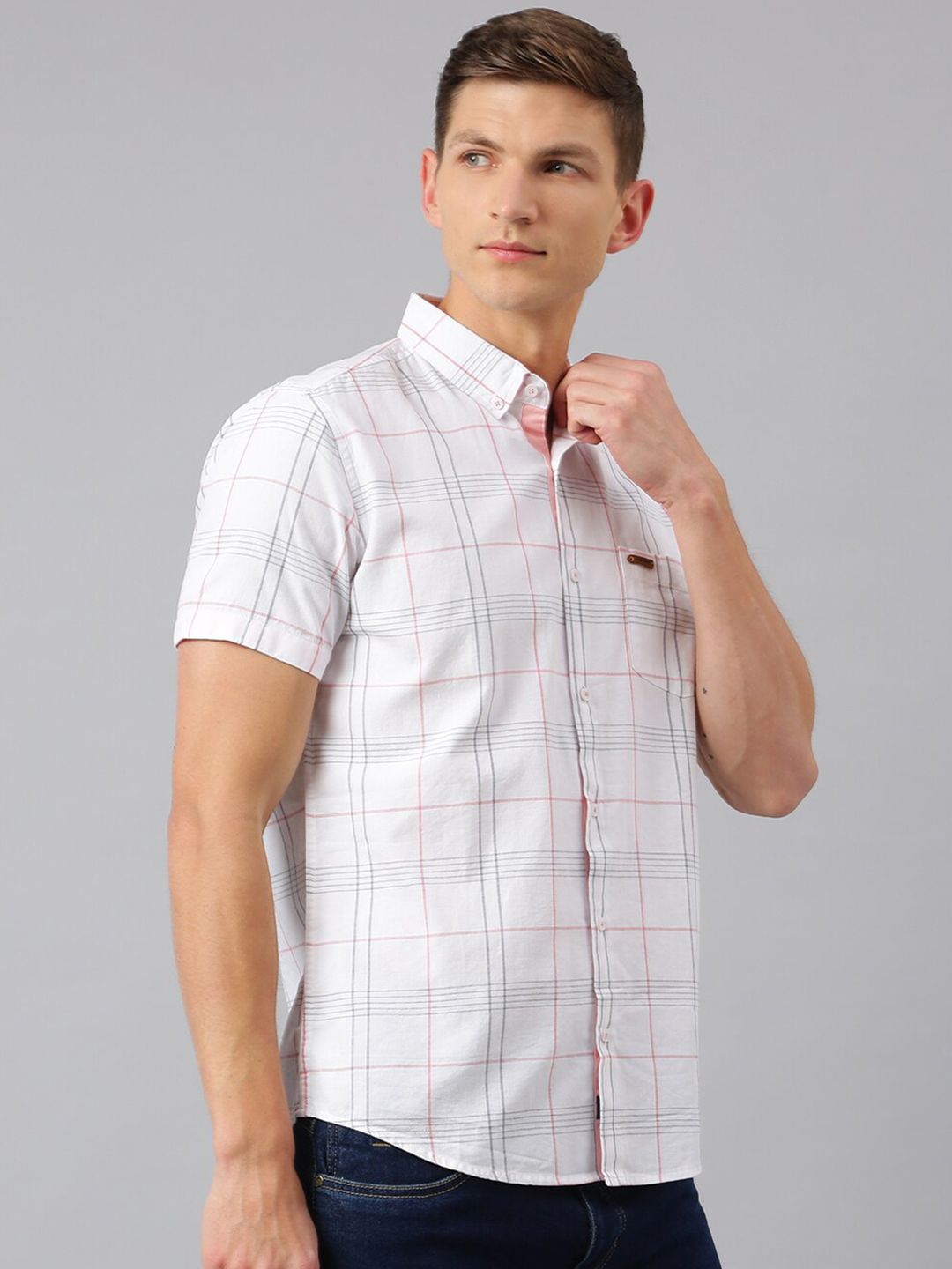 Thomas Scott Men White Slim Fit Checked Casual Shirt