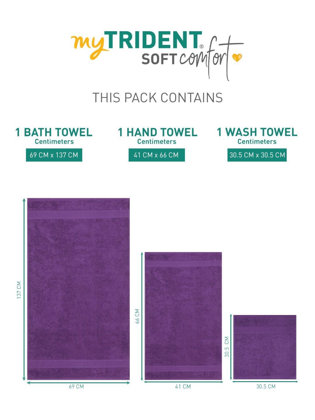 MYTRIDENT Soft Comfort Purple 3 Pieces Pure Cotton 500 GSM Towel Set