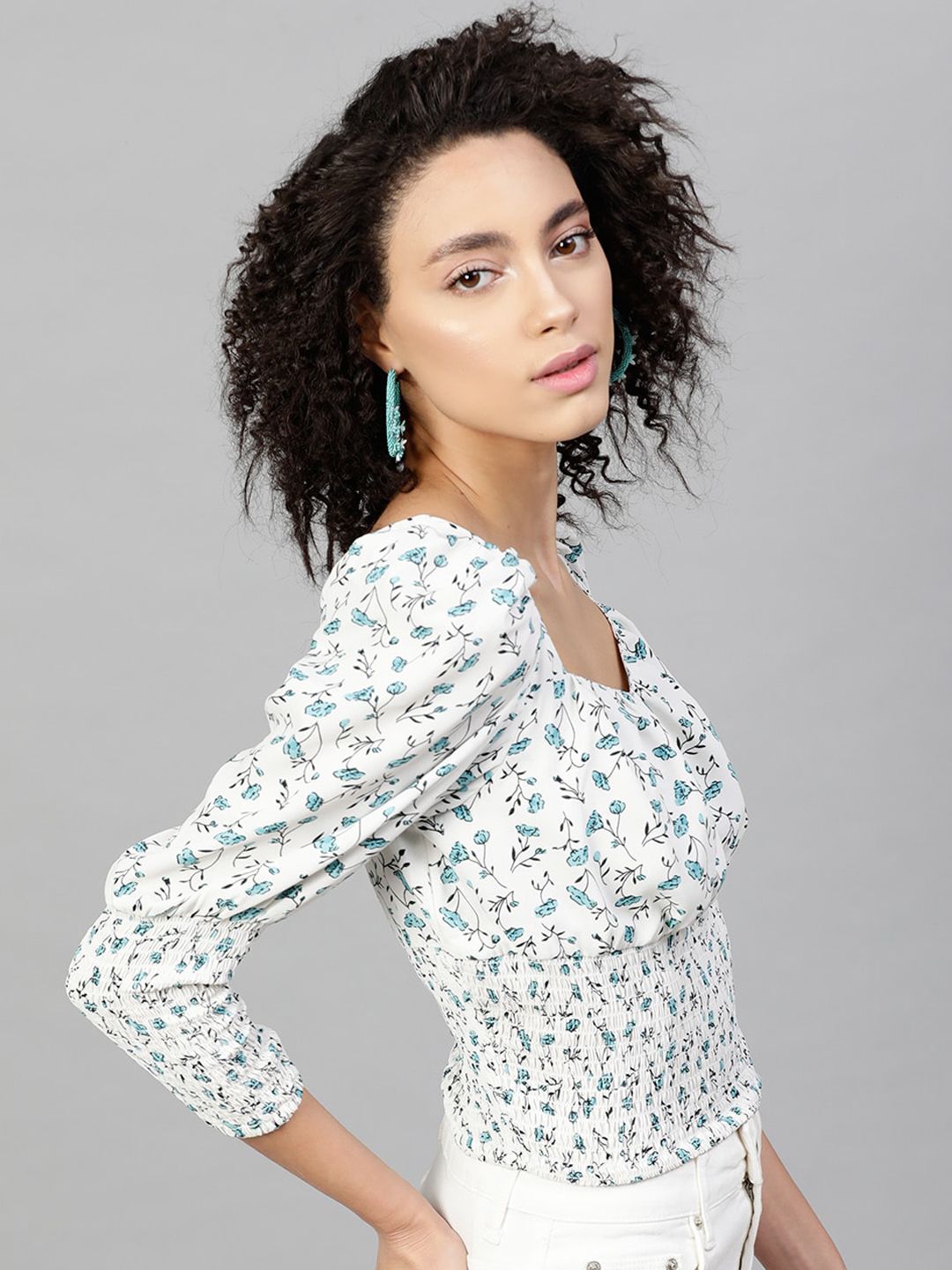 STREET 9 White Printed Sweetheart Neck Puff Sleeves Crepe Top